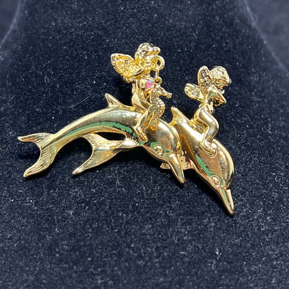 Kirks Folly Gold Tone Cherubs Riding Dolphins Brooch (4178) - Picture 3 of 6